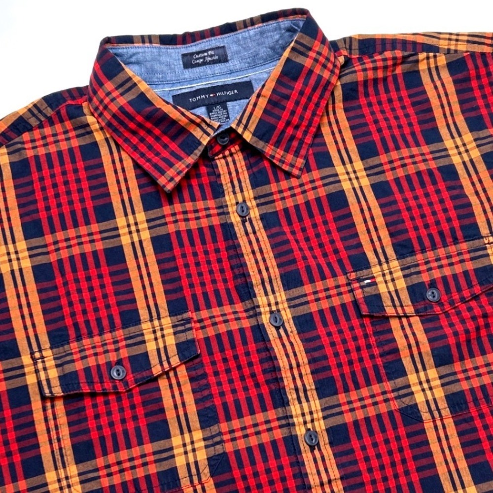 Tommy Hilfiger Men Custom Fit Plaid Roll Tab Button Down Shirt Size L Red Orange